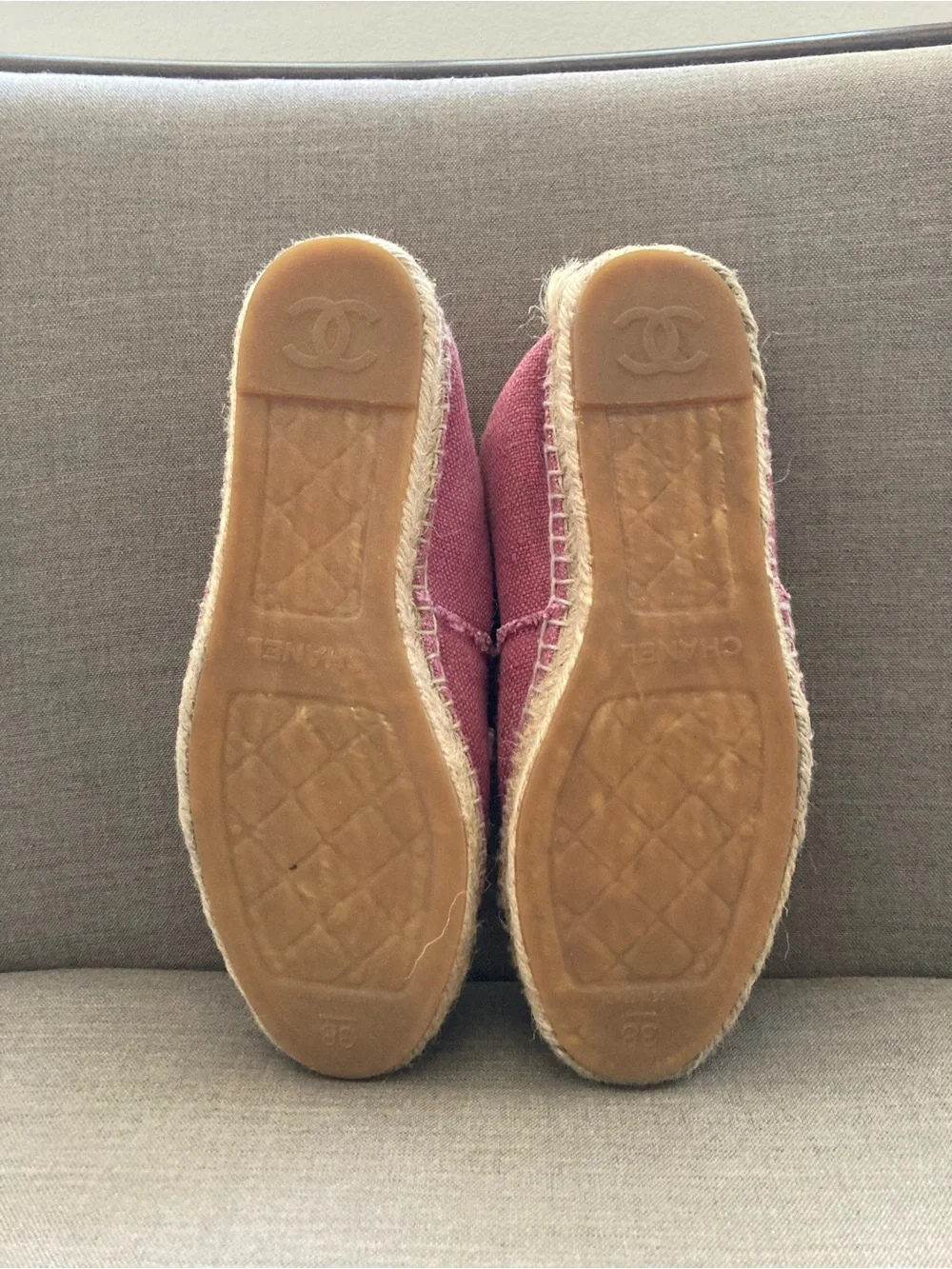 CHANEL Pink Canvas Espadrille Flats with Black Cap Toe